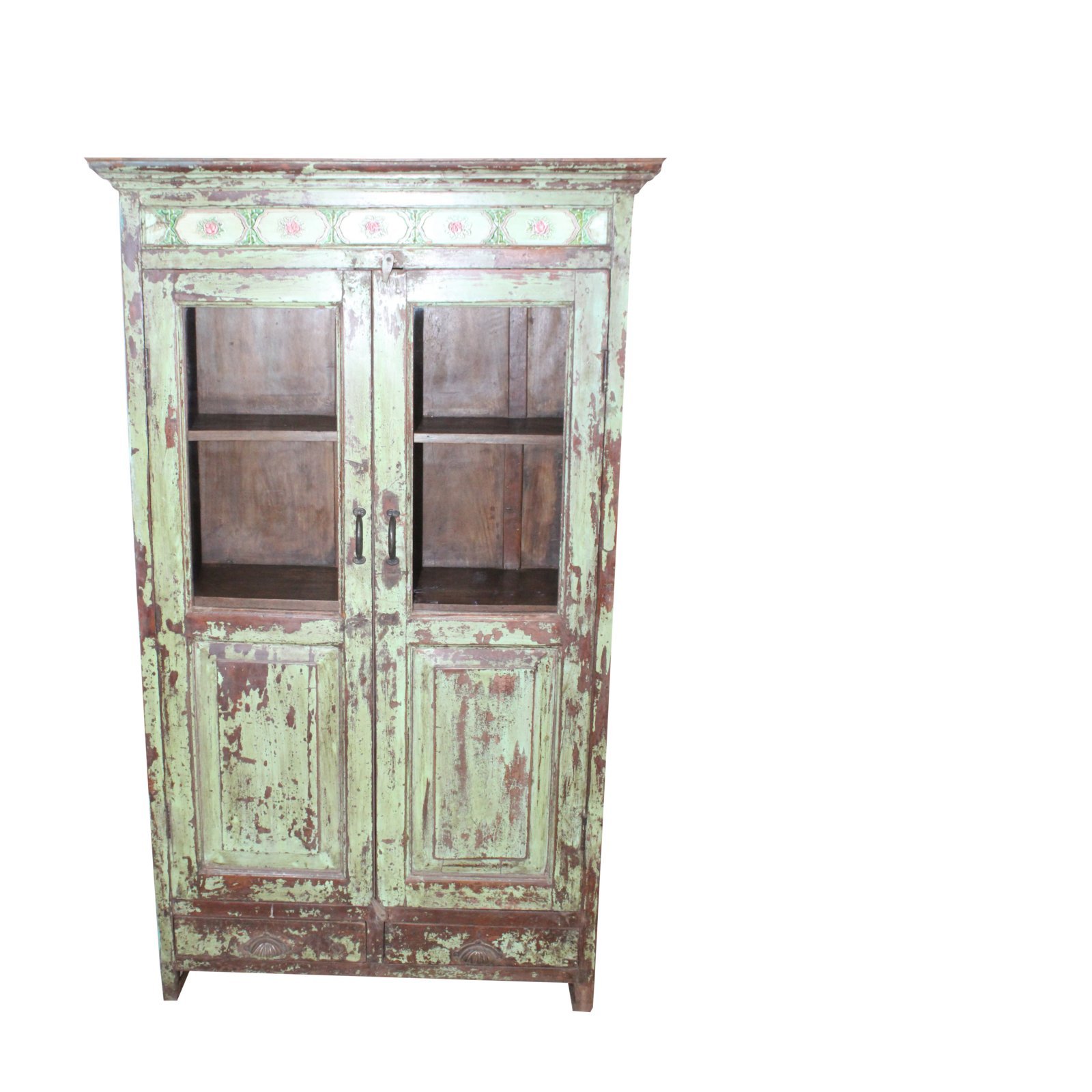 ANTIKER SCHRANK 2 TÜREN 2 SCHUBLADEN KACHEL- UND GLASEINSATZ GRÜN