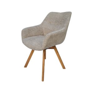 Drehstuhl in Sand Bouclé mit dunklen Holzbeinen, ideal für stilvolle Wohnbereiche