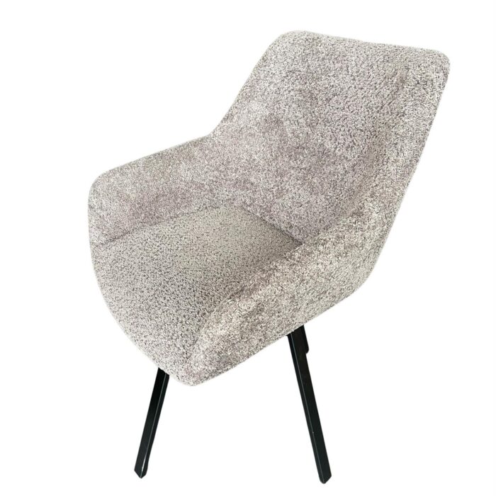 Moderner Drehstuhl in Taupe Bouclé mit Metallbeinen, ideal für stilvolle Wohnbereiche