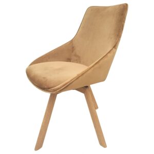 Swing Samtstuhl Ocker mit dunklen Holzbeinen, ideal für elegante Wohnräume